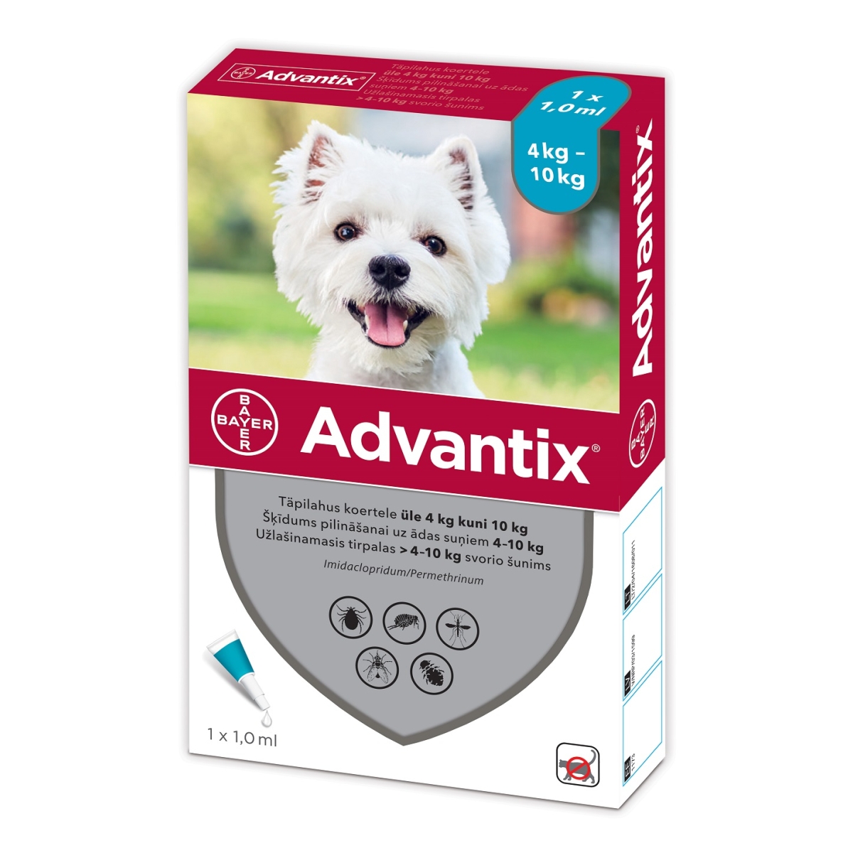 Advantix šķīdums pret blusām, ērcēm un odiem suņiem 4-10kg, 1gab - Produkta attēls