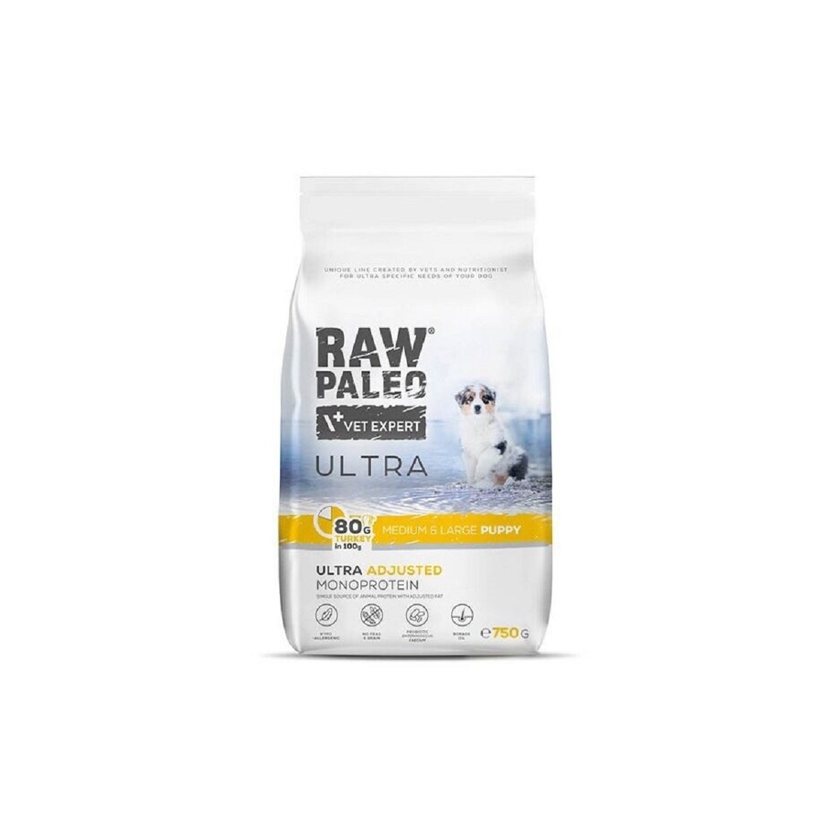 RAW PALEO Ultra Medium/Large sausā barība kucēniem, tītars 750g - Produkta attēls