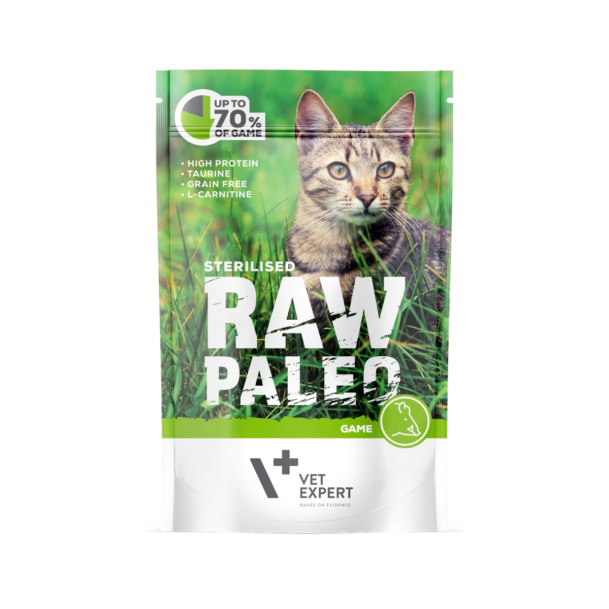 RAW PALEO mitrā barība sterilizētiem kaķiem ar medījumu, 100g