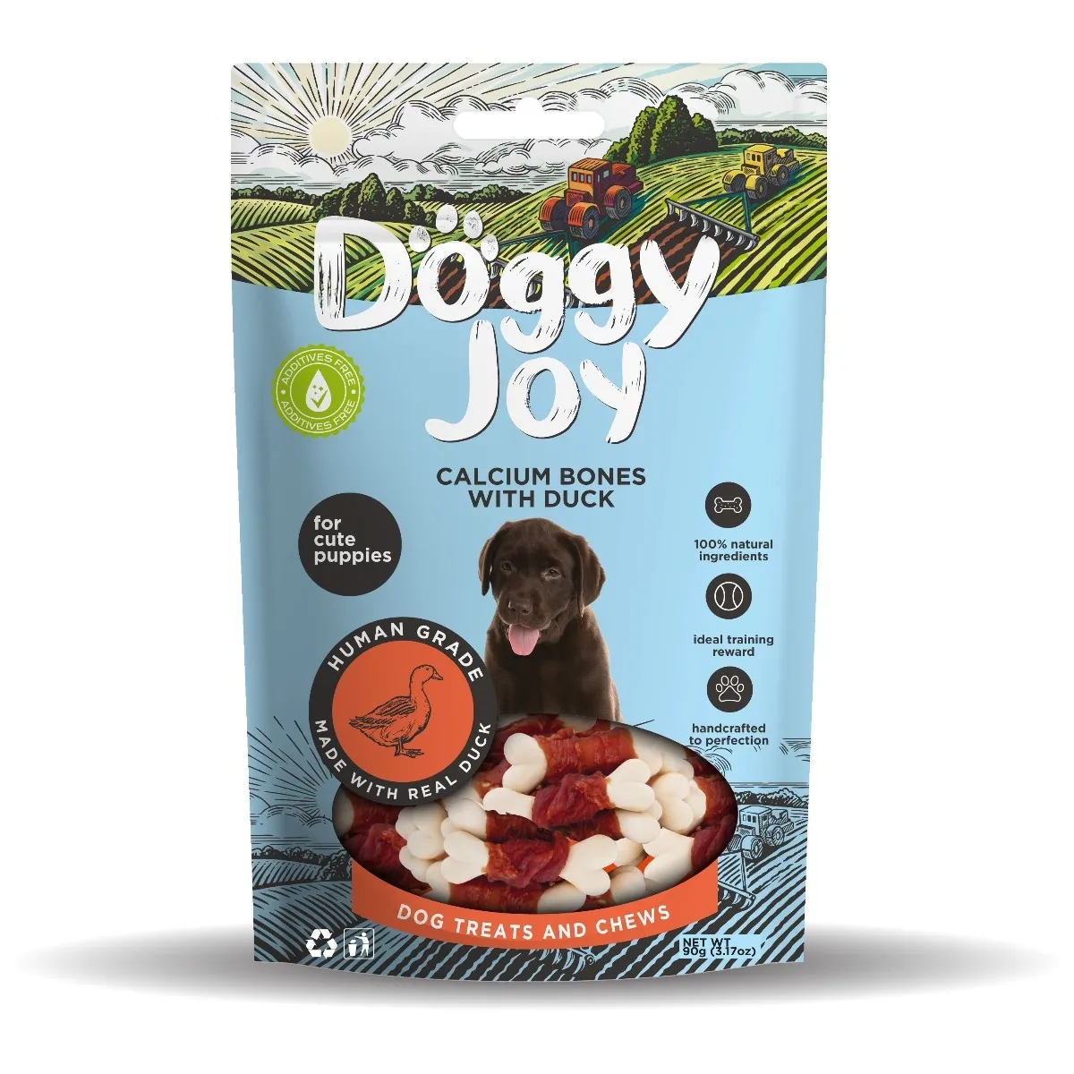 Doggy Joy kalcija kauliņi ar pīli kucēniem. 90g - Produkta attēls