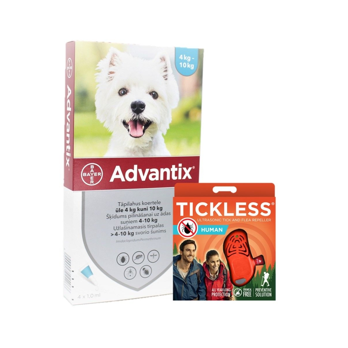 Advantix suņiem 4-10kg 4gab + Tickless Human komplekts - Produkta attēls