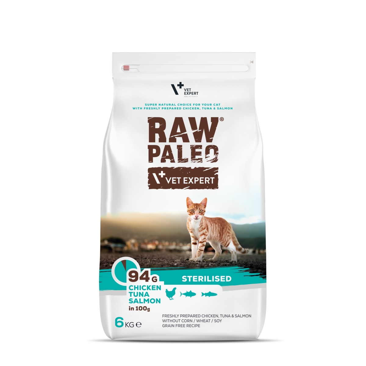 RAW PALEO Sterilised sausā barība kaķiem vista/tuncis/lasis 6kg - Produkta attēls