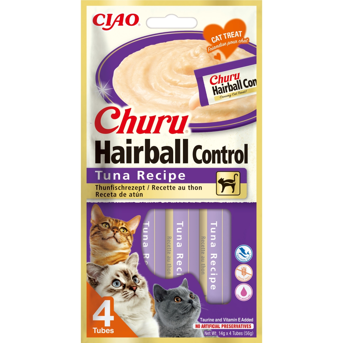 CHURU Hairball Control biezenis kaķiem, tuncis, 14g x 4gb - Produkta attēls