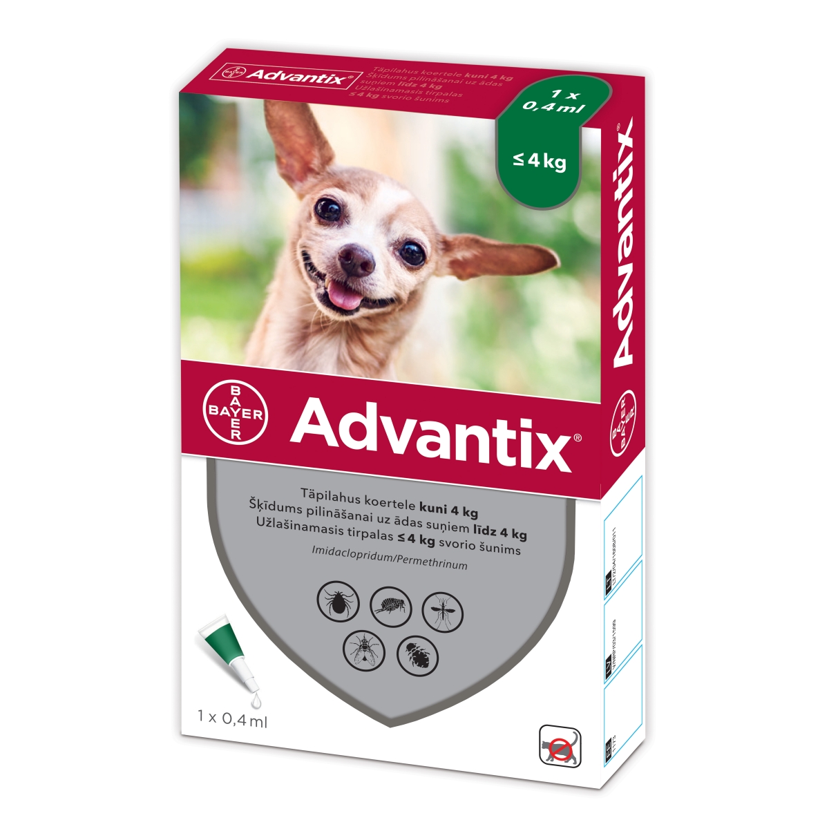 Advantix šķīdums pret blusām, ērcēm un odiem suņiem līdz 4kg, 1gb - Produkta attēls