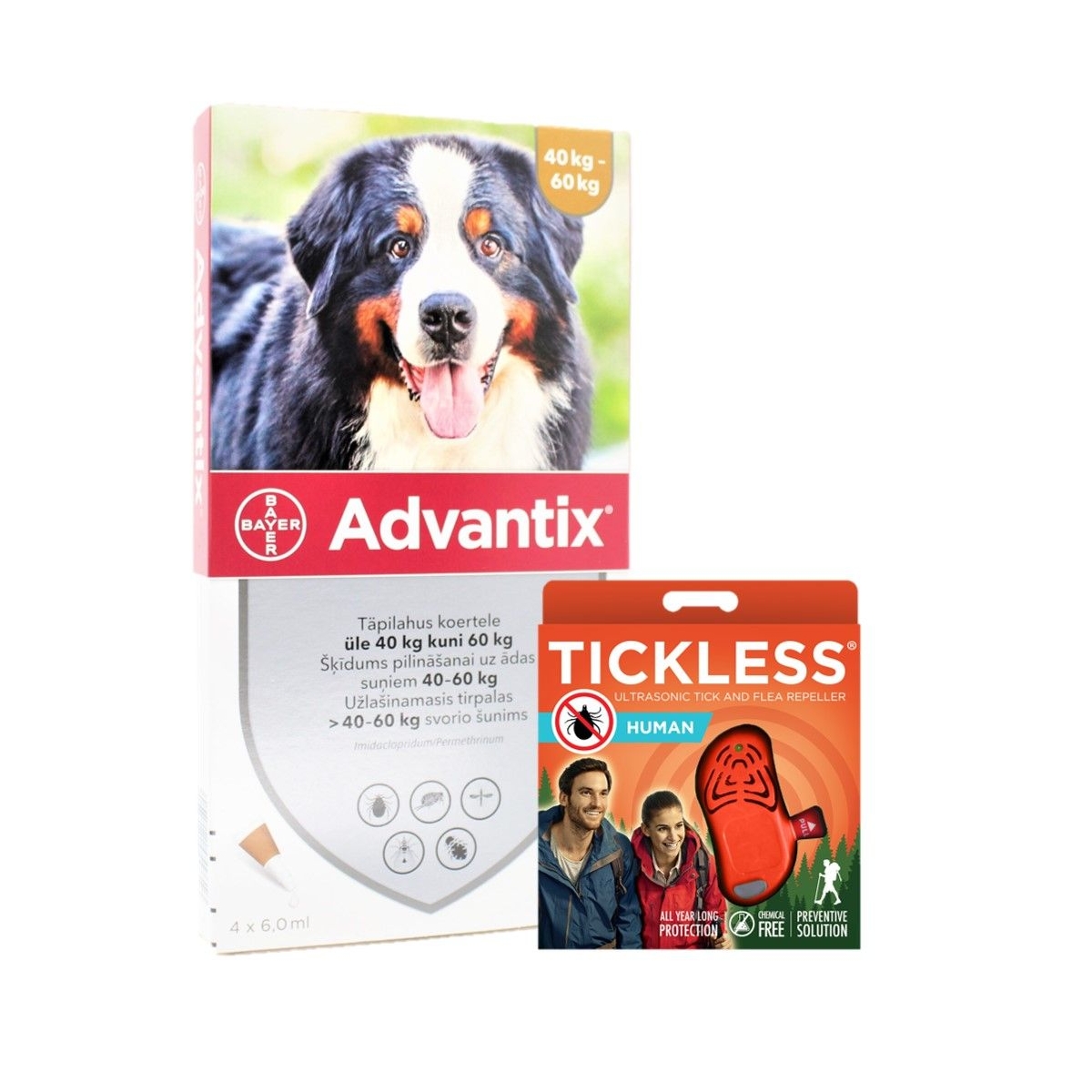 Advantix suņiem 40-60kg 4gab + Tickless Human komplekts - Produkta attēls