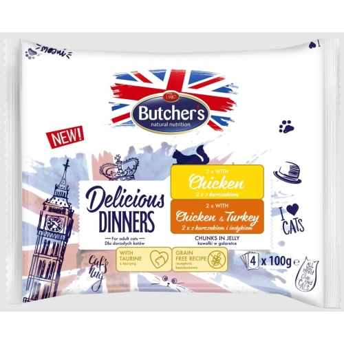 BUTCHERS Delicious Dinner Izlase kaķiem gabaliņi želejā 4x100g