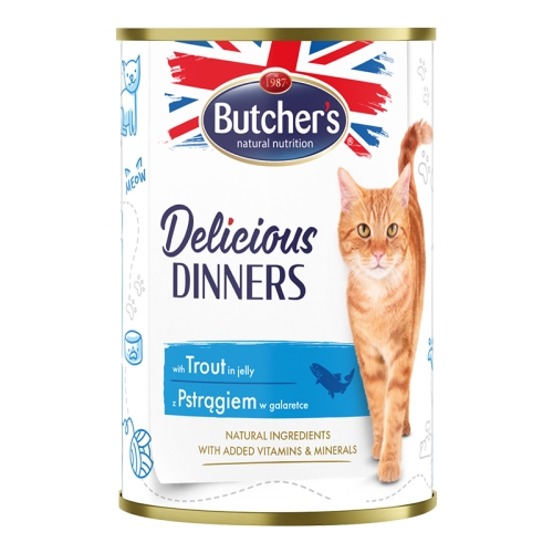 Butcher's Delicious Dinners mitrā barība kaķiem ar foreļu gabaliņiem želejā 400g