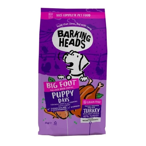 BARKING HEADS Big Foot Puppy sausā barība kucēniem, tītars, 6kg